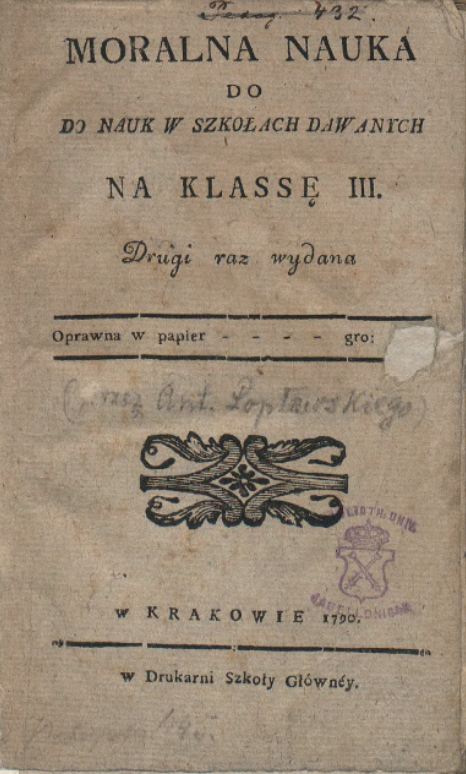 „Moralna nauka do nauk w szkołach dawnych na klassę III” (strona tytułowa)