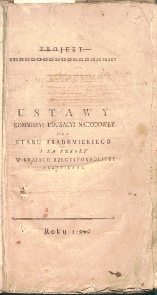 „Ustawy Kommissyi Edukacyi Narodowej dla stanu akademickiego i na szkoły w krajach Rzeczypospolitej przepisane” (strona tytułowa)