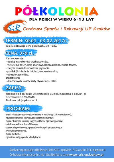 Plakat informujący o półkolonii zimowej w Centrum Sportu i Rekreacji