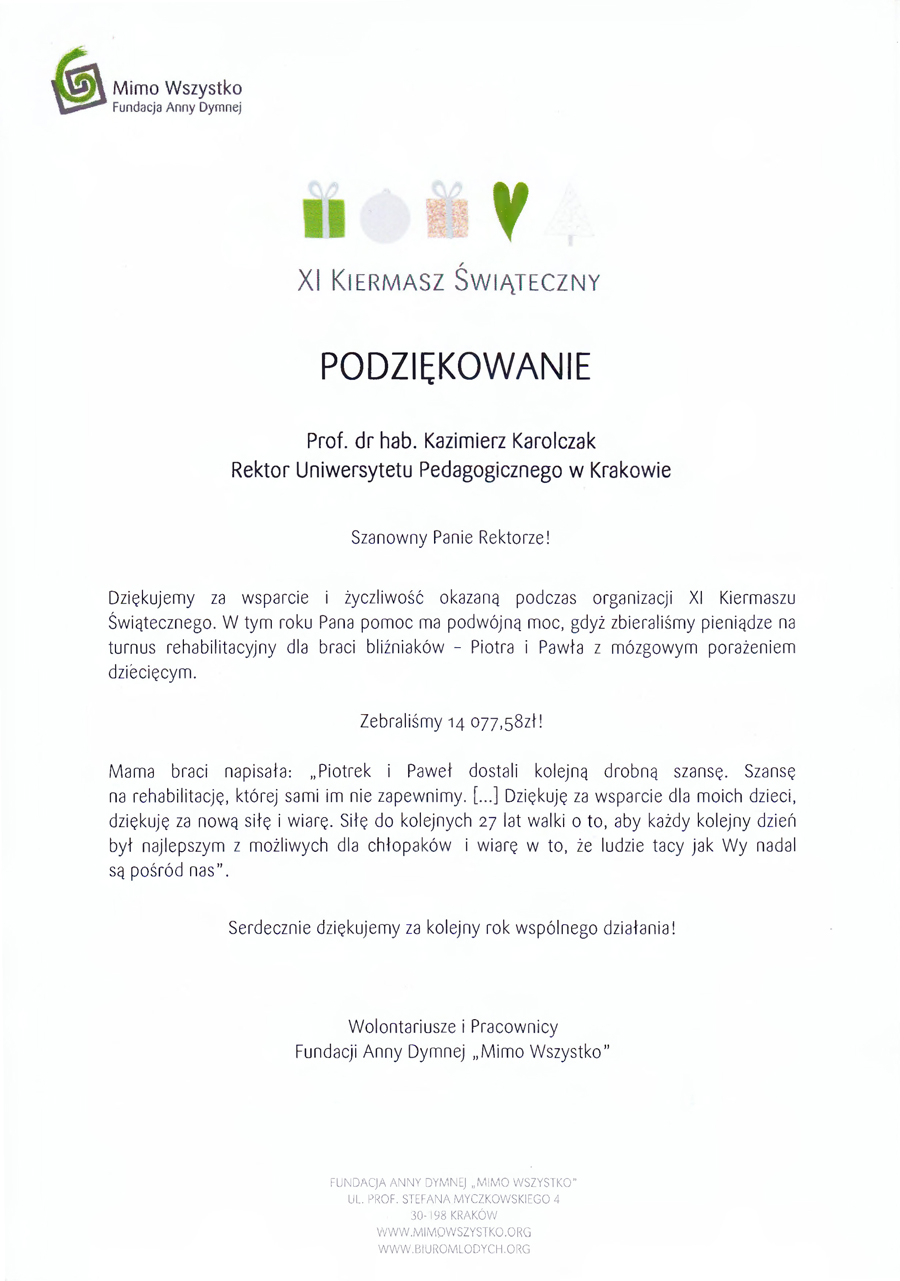 Podziękowanie od Fundacji Anny Dymnej „Mimo Wszystko”