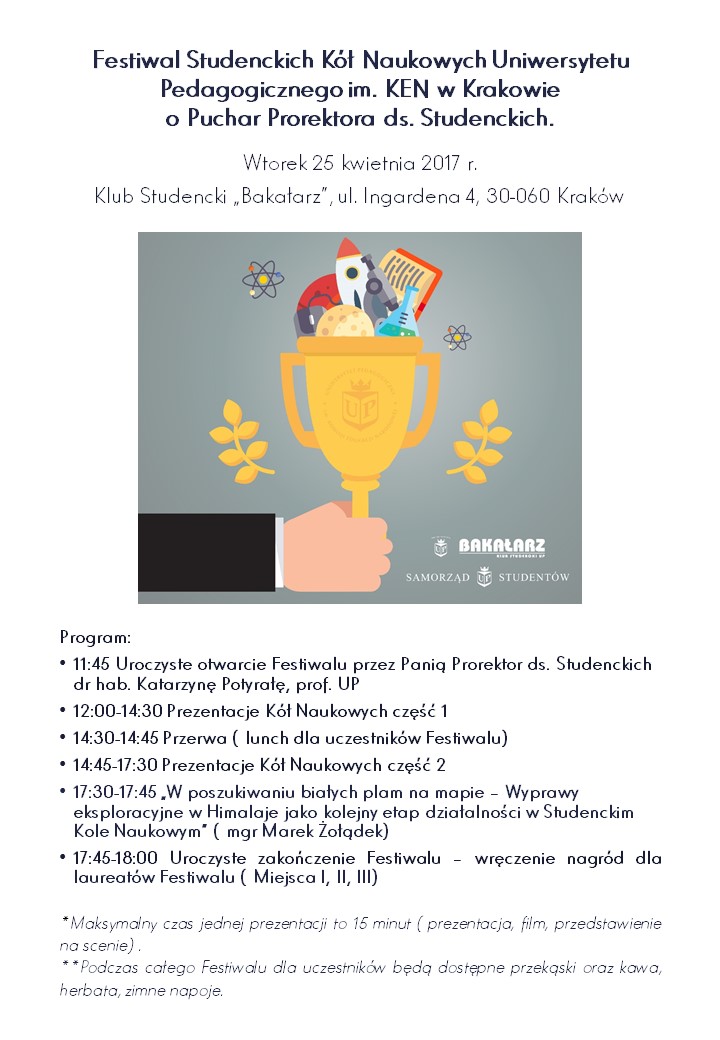 Program Festiwalu Studenckich Kół Naukowych Uniwersytetu Pedagogicznego, 25 kwietnia 2017 r. (cz. 1)