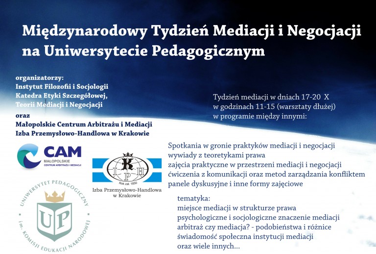 Plakat informujący o Międzynarodowym Tygodniu Mediacji i Negocjacji na UP, 17-20 października 2017