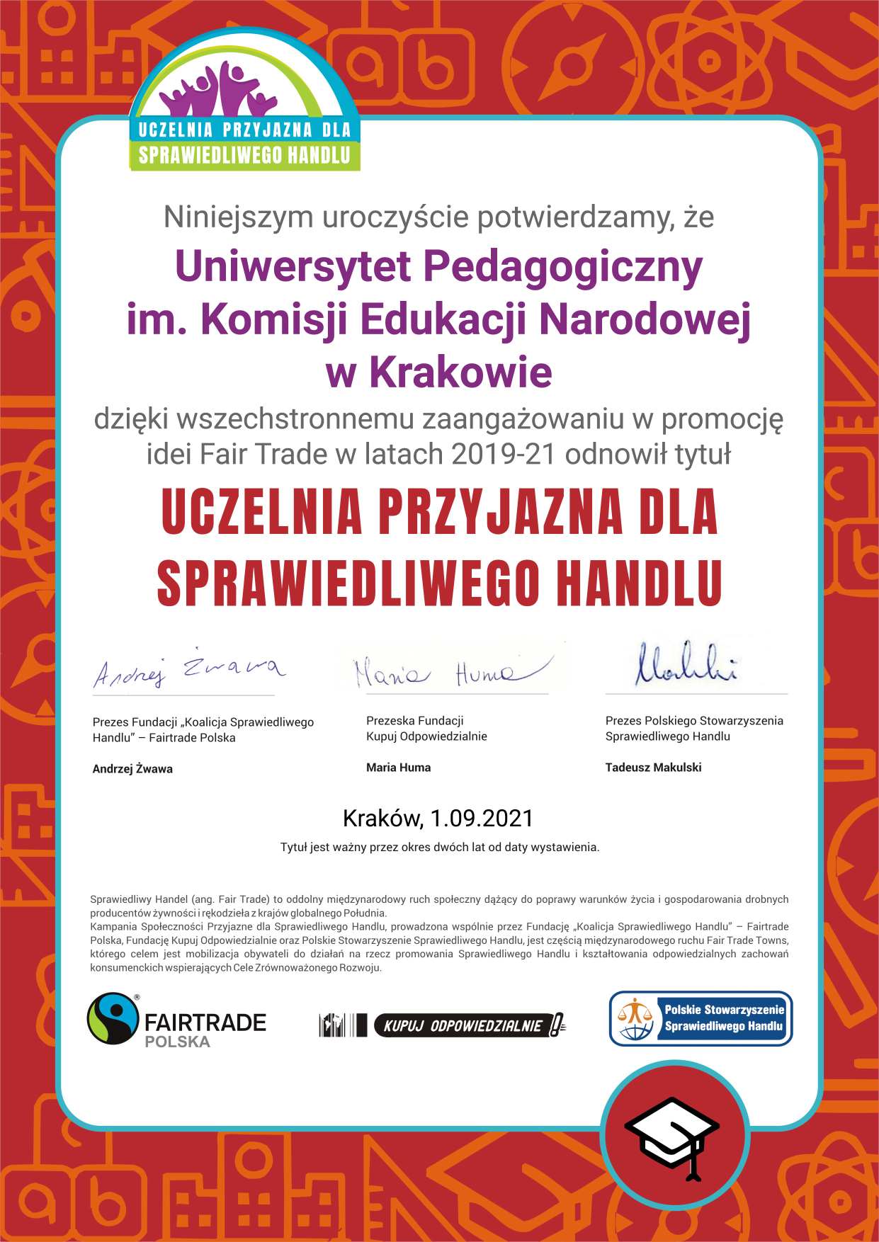 Uniwersytet Pedagogiczny odnowił tytuł Uczelnia Przyjazna dla Sprawiedliwego Handlu/ Fair Trade (dyplom)