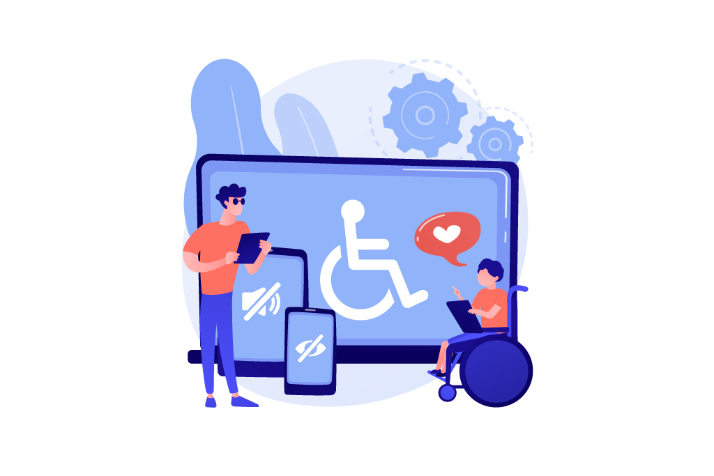 chłopiec na wózku inwalidzkim, mężczyzna z notesem oraz smartfon, tablet i laptop z piktogramami na ekranach