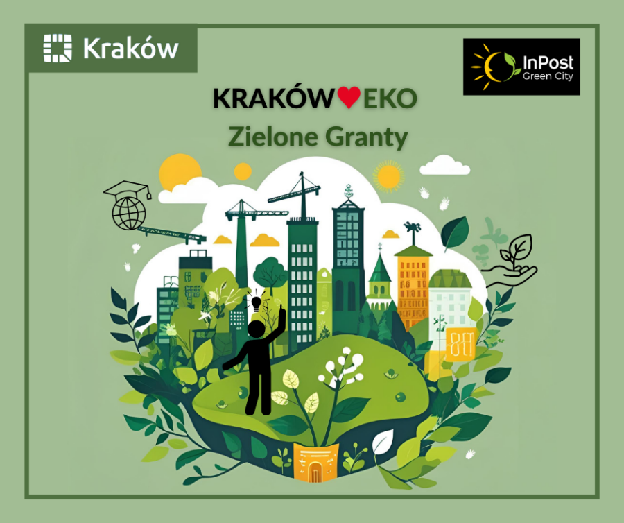Grafika promuje ekologiczną inicjatywę „Kraków Eko – Zielone Granty”. Na ilustracji zielone miasto z roślinnością, budynkami, dźwigami i sylwetką człowieka. W tle loga Krakowa i InPost Green City. Kol
