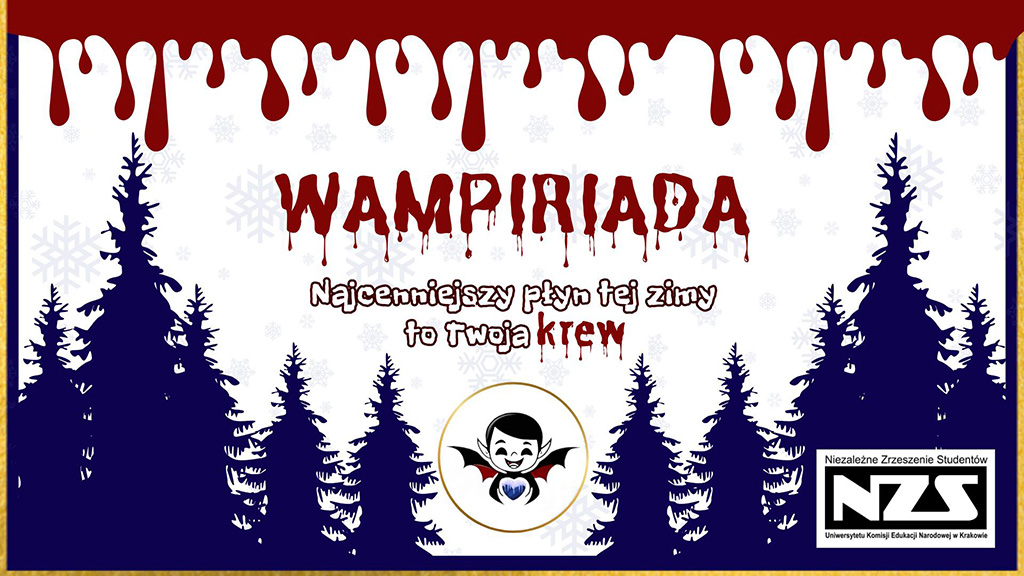 tekst: wampiriada, najcenniejszy płyn tej zimy to Twoja krew; spływająca krew, wampir, zarys drzew na pierwszym planie