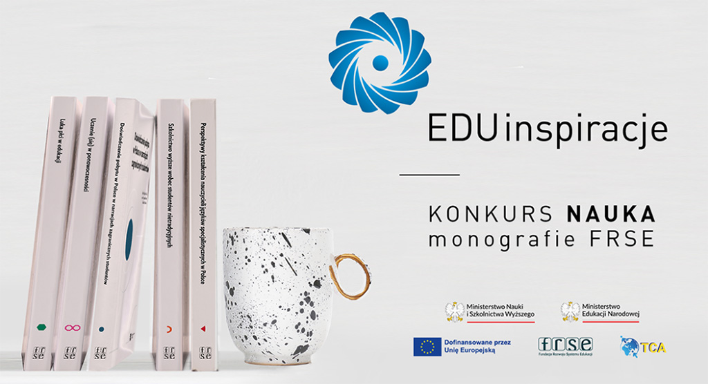 książki i&nbsp;kubek, tekst: Konkurs „EDUinspiracje Nauka – Monografie FRSE”