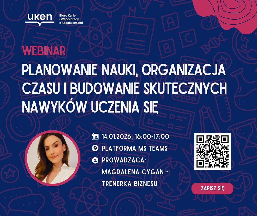 Webinar "Planowanie nauki, organizacja czasu i&nbsp;budowanie skutecznych nawyków uczenia się", informacje o&nbsp;zapisie i&nbsp;prowadzącej