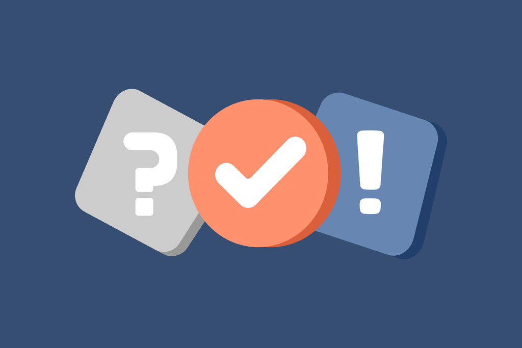 znak zapytania, znak wyboru i wykrzyknik na granatowym tle